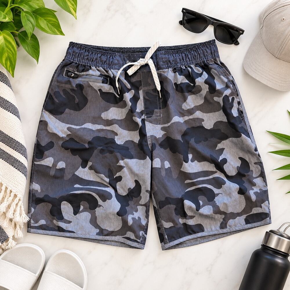 Vuori Banks Shorts Mens M Gray Camo V-Cycled 4 Way Stretch Athletic Swim